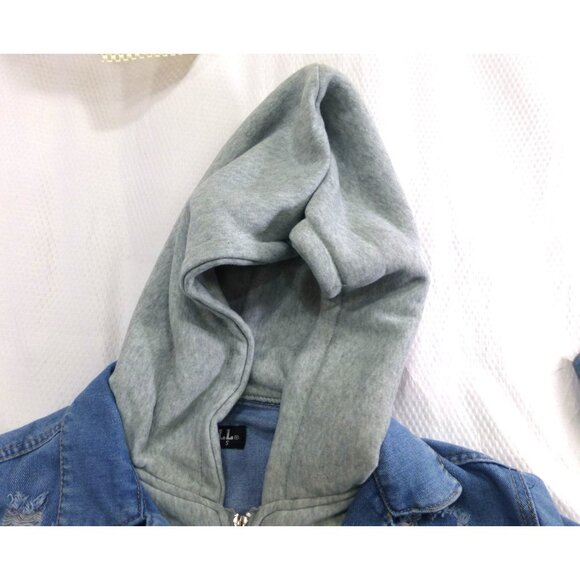 Distressed Denim Hooded Jacket With Playful Rips & Layered Style 1X Thrill Jeans - Picture 9 of 13